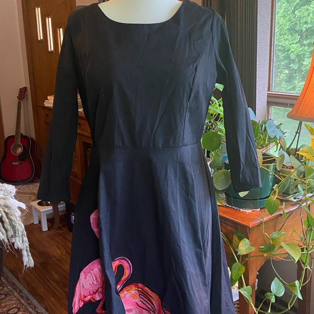 Black Dress with Pink Flamingo Design